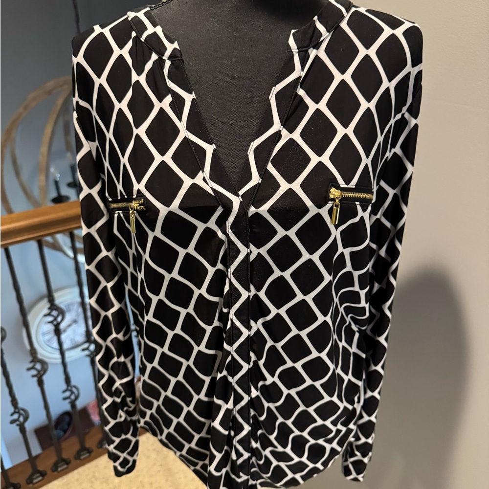 INC International Concepts Black and White Diamond Blouse